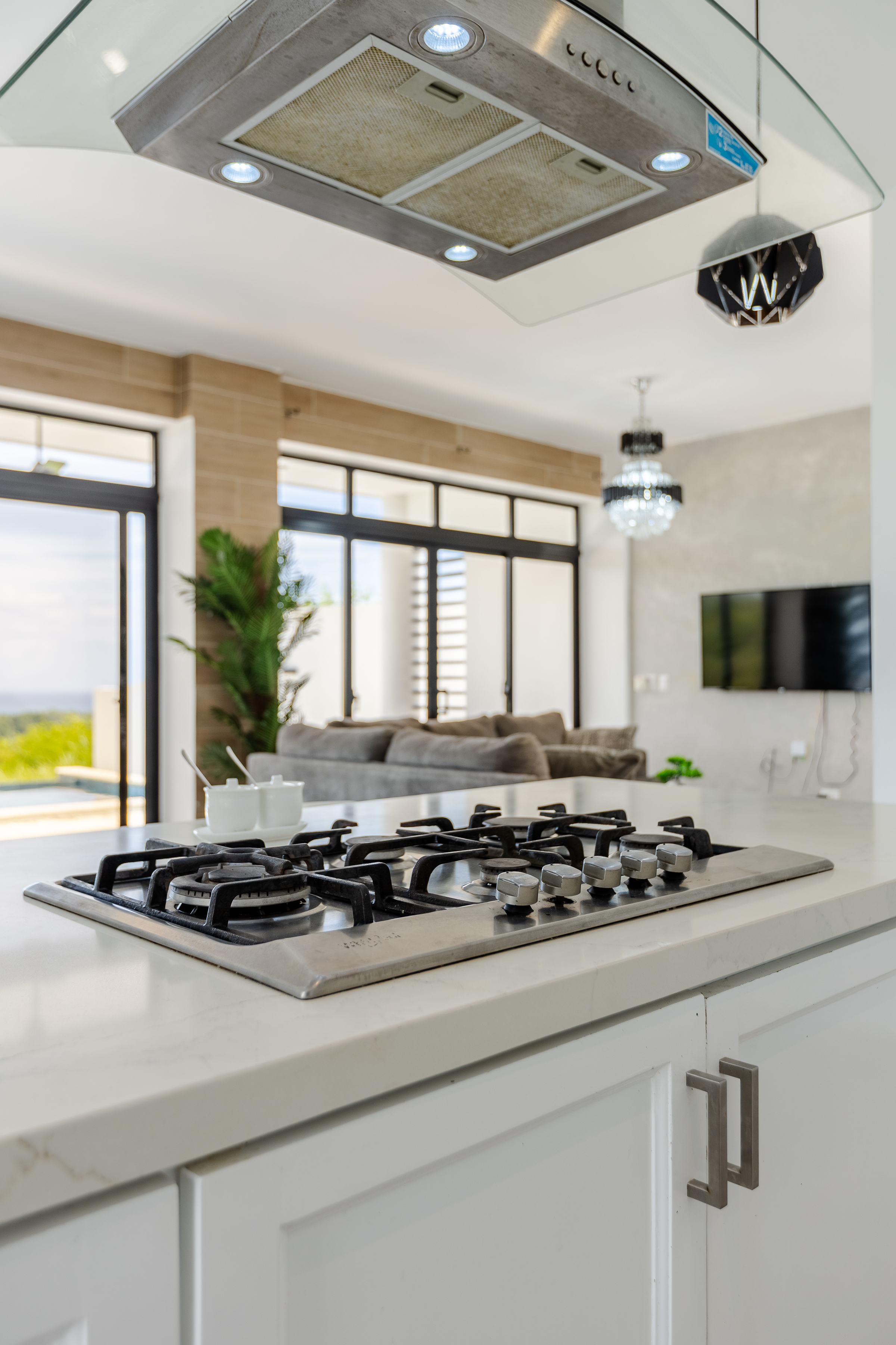 Gas cooktop detail with living room and pool blurred in background